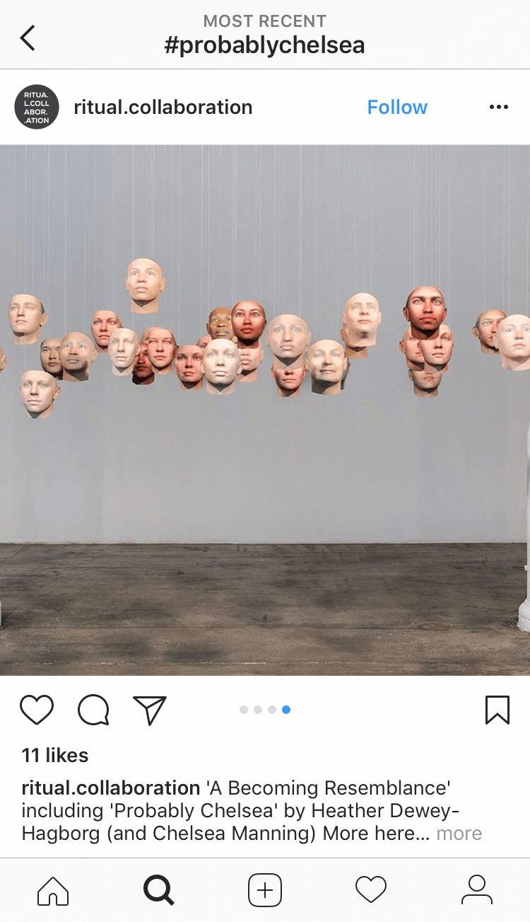 'Probably Chelsea' von Heater Dewey-Hagborg und Chelsea Manning wird im Rahmen der Ausstellung 'A Becoming Resemblance' bei der transmediale 2018 face value ausgestellt.<br />
