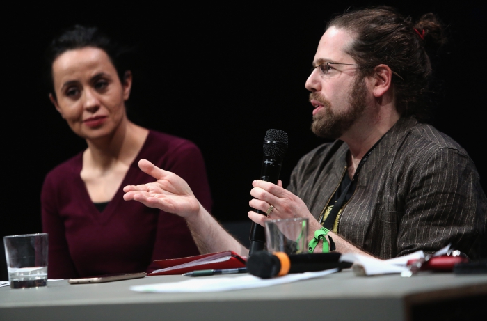 Amel Ouaïssa (left) and Max Haiven (right) at the panel "The Violent Imagination of Financial Capitalism" at transmediale 2018
