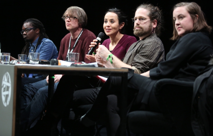 Panelists at "The Violent Imagination of Financial Capitalism" at transmediale 2018 face value.