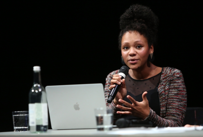 Nelly Yaa Pinkrah at the panel "The Weaponization of Language" at transmediale 2018 face value
