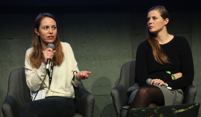 Lisa Rave (left) in conversation with Femke Herregraven (right) during the panel "Extracting (Hi)stories of Complicity" at transmediale 2018 face value