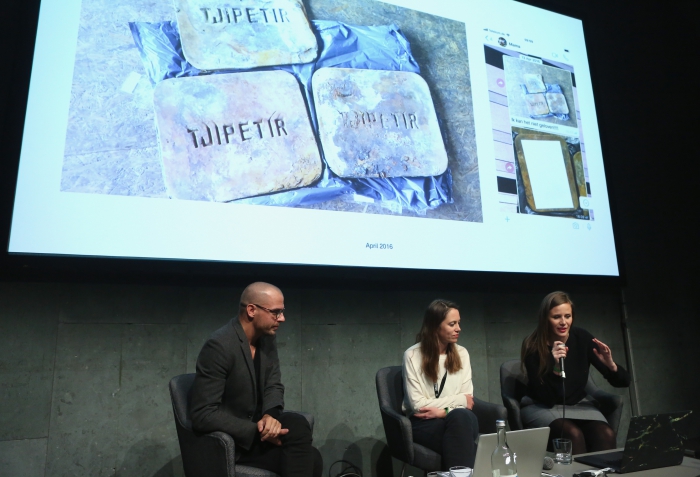 Etienne Turpin, Lisa Rave, and Femke Herregraven (left to right) during the panel "Extracting (Hi)stories of Complicity" at transmediale 2018 face value.