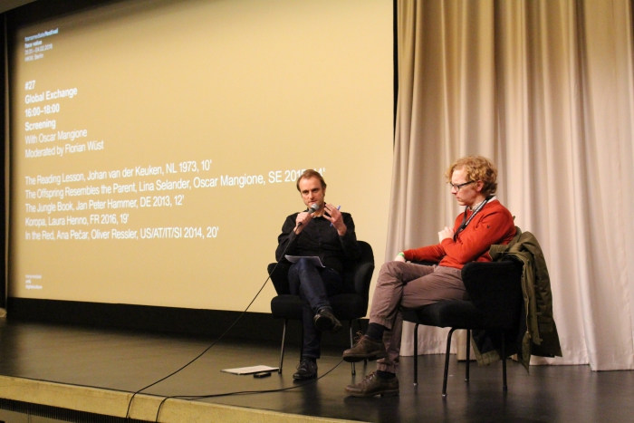 Florian Wüst in conversation with Oscar Mangione after the screening "Global Exchange"