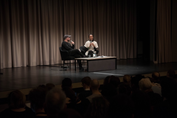 Zach Blas (left) and Aria Dean (right) at the discussion "Reimagine the Internet: Affect, Velocity, Excess" at transmediale 2018 face value.